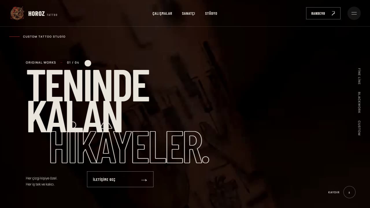 Horoz Tattoo için tasarlanan web sitesinin gerçek ekranı